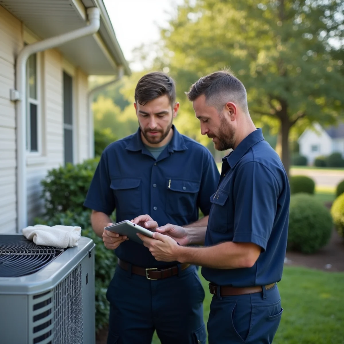 Licensed and certified Virginia HVAC technicians standing together by service vehicles in Gainesville, VA