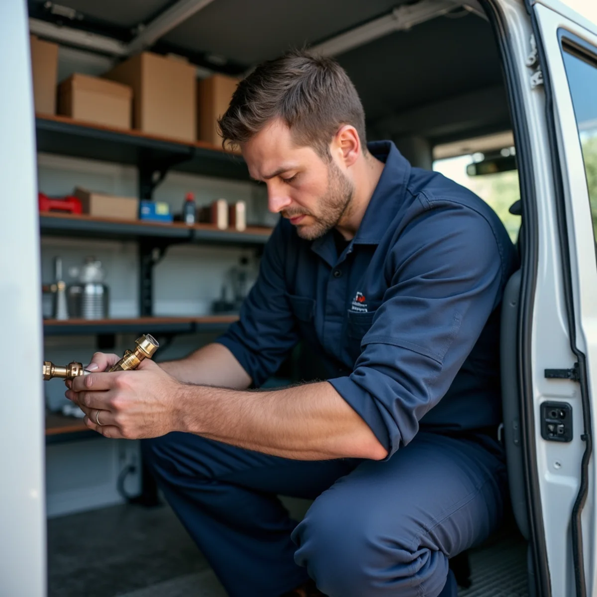 HVAC service technician staging tools and diagnostic equipment from service van in Northern Virginia