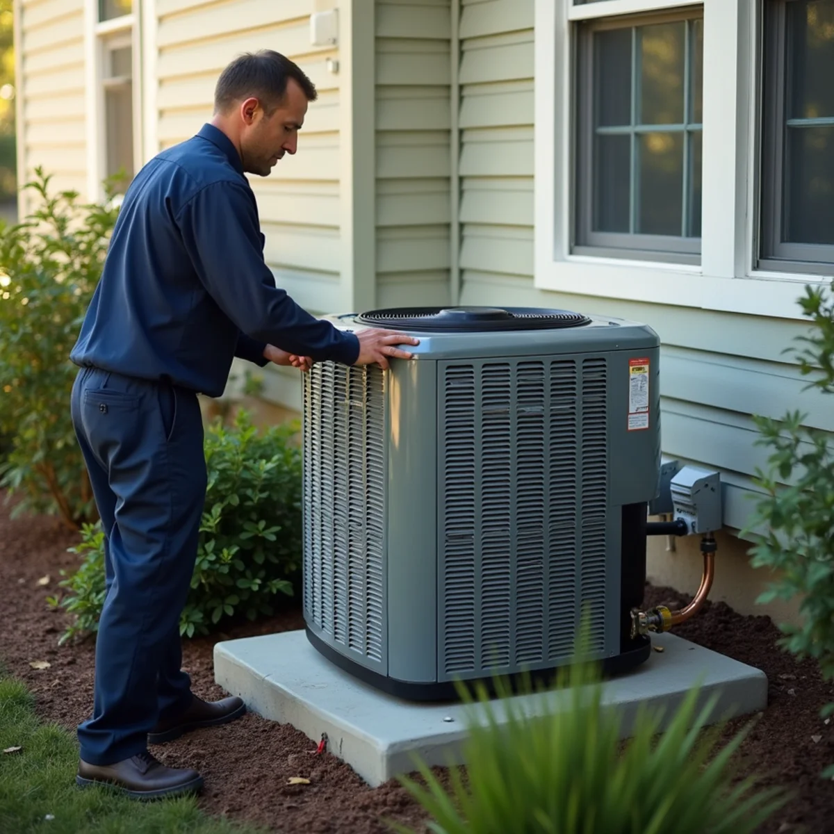 Two professional installers leveling a brand-new high-efficiency condenser on a composite pad