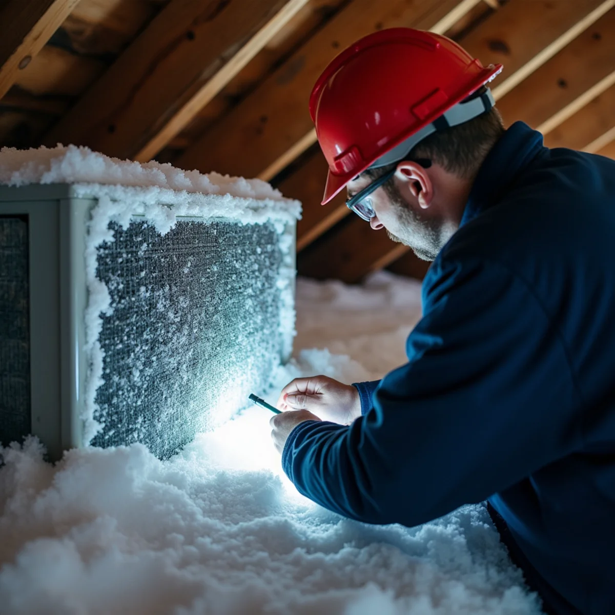 Technician inspecting an air handler evaporator coil and secondary emergency condensate drain pan