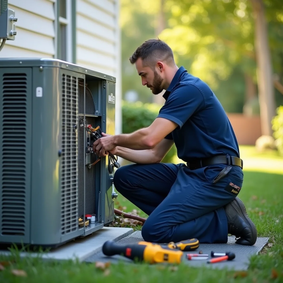 HVAC technician testing electrical capacitor and contactor on an air conditioning unit in Gainesville, VA
