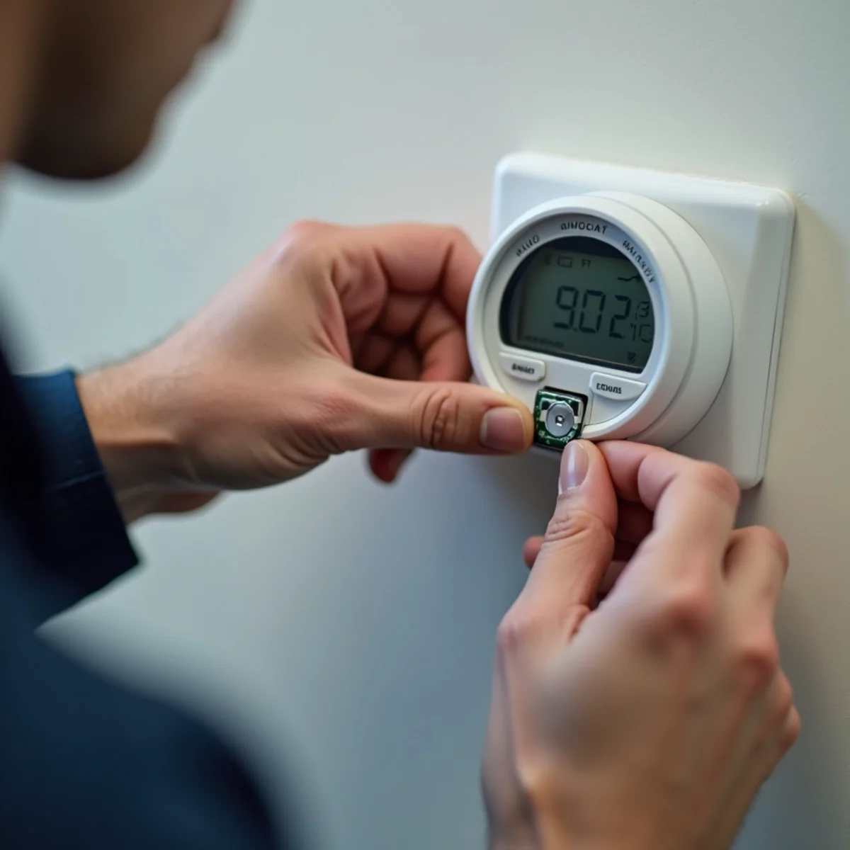 Close-up of digital thermostat interface set to cool mode with low battery indicator