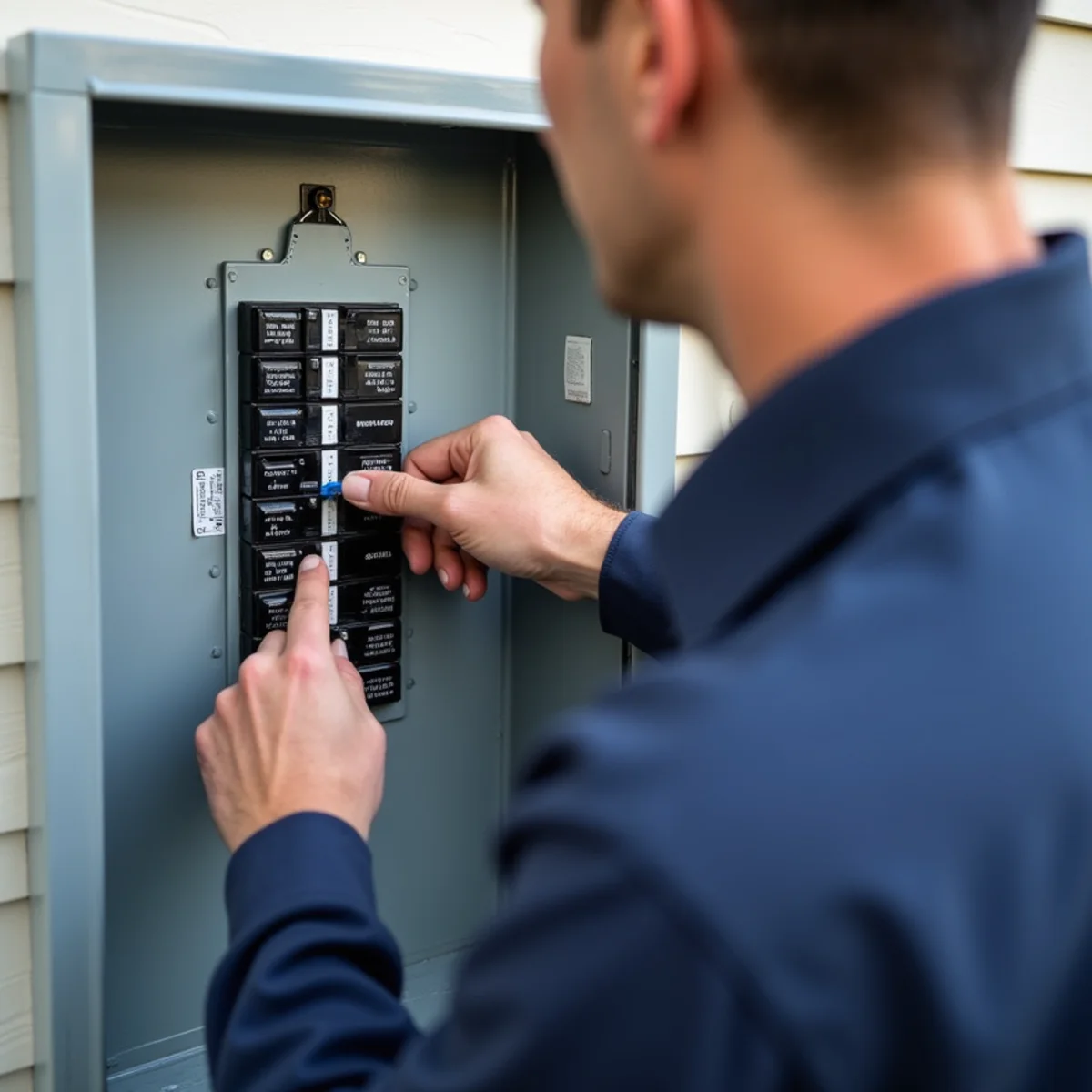 Homeowner safely checking double-pole 240V air conditioner breaker switch in electrical panel