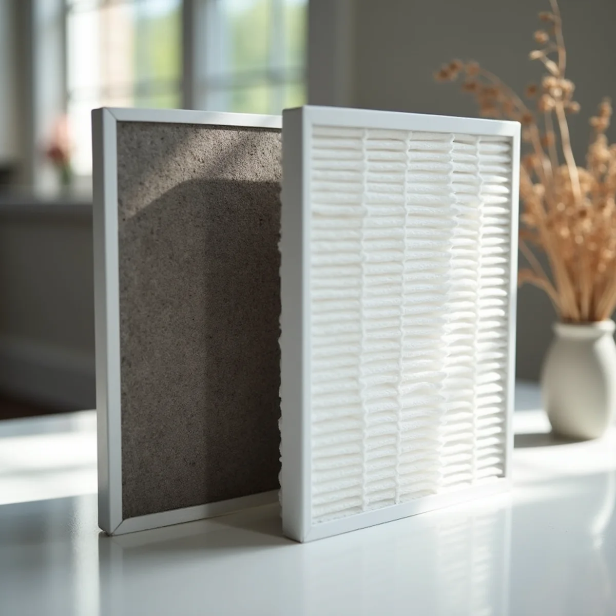 Side-by-side comparison of a clean white pleated air filter next to a dust-clogged grey filter