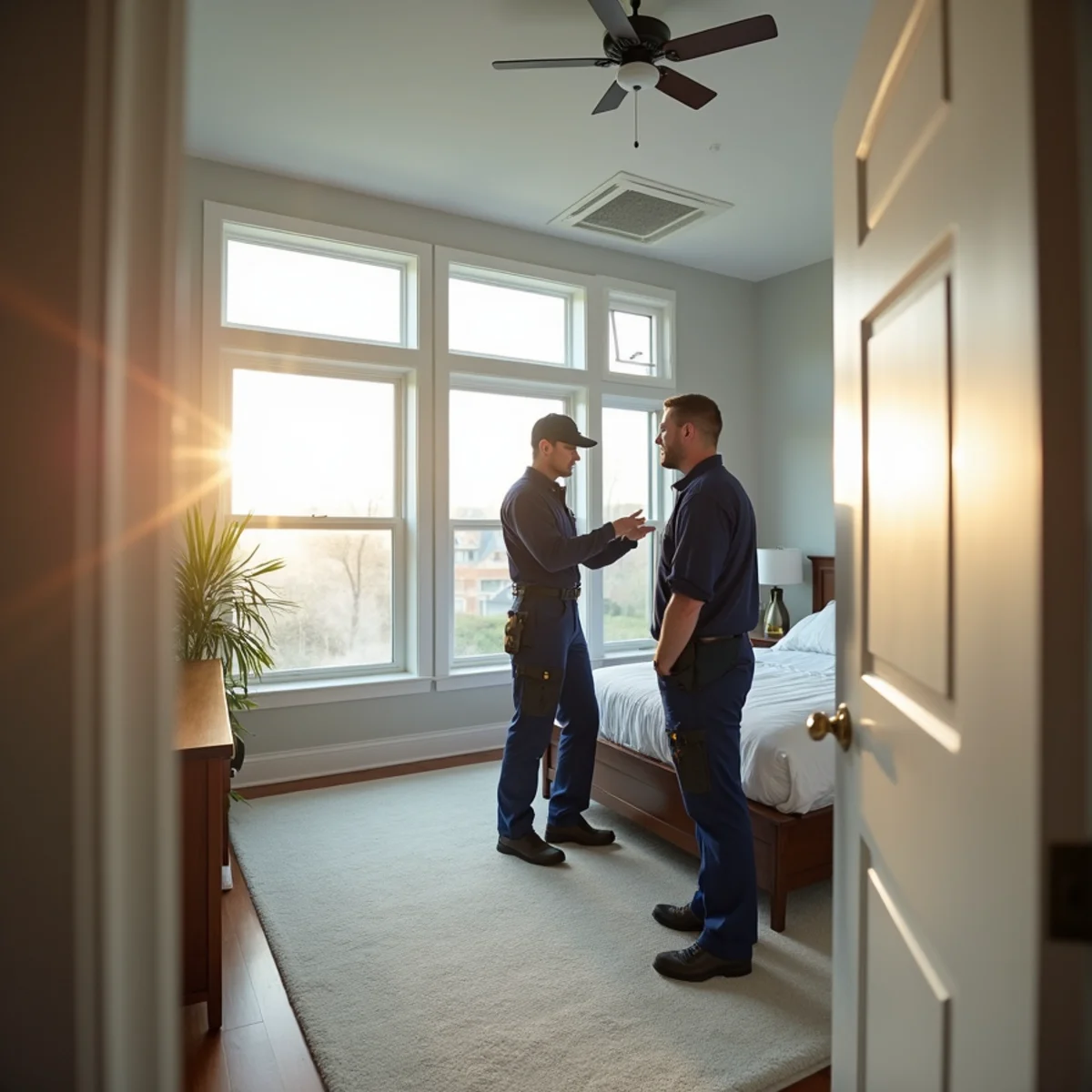 Contemporary third-floor townhome bedroom with vaulted ceiling, sleek white wall-mounted ductless mini-split air handler