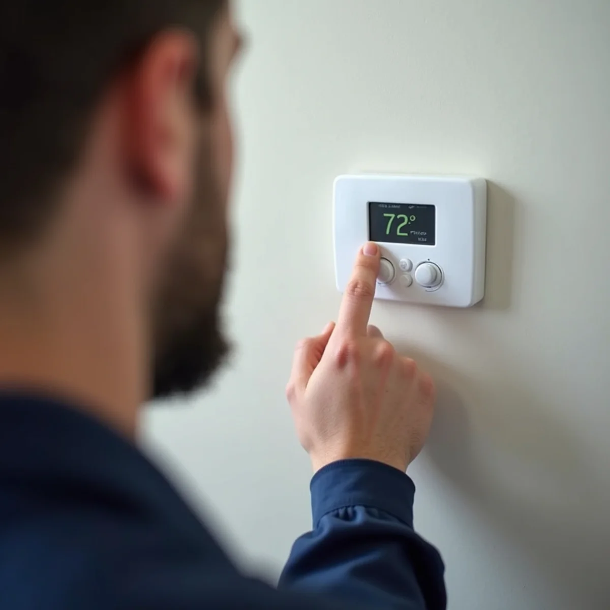 Homeowner exiting front door safely in winter weather with carbon monoxide alarm visible