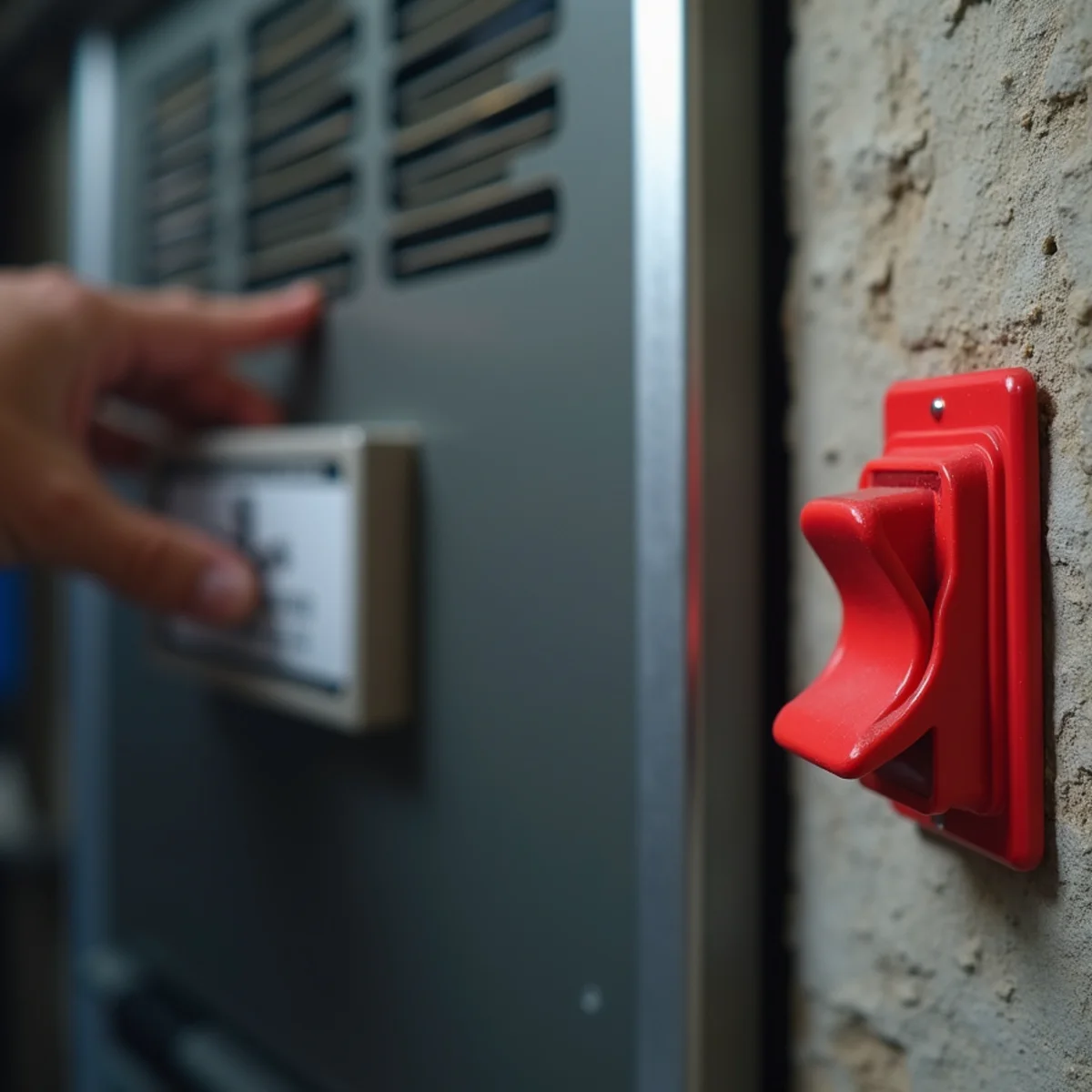 Red emergency furnace shutoff toggle switch mounted at entrance of basement stairway