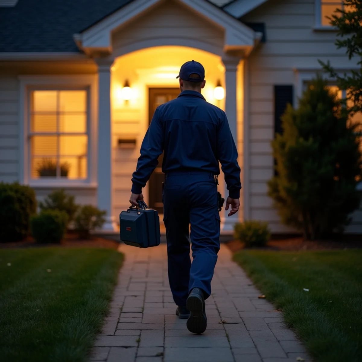 Emergency HVAC technician with illuminated headlamp testing electrical disconnect at night