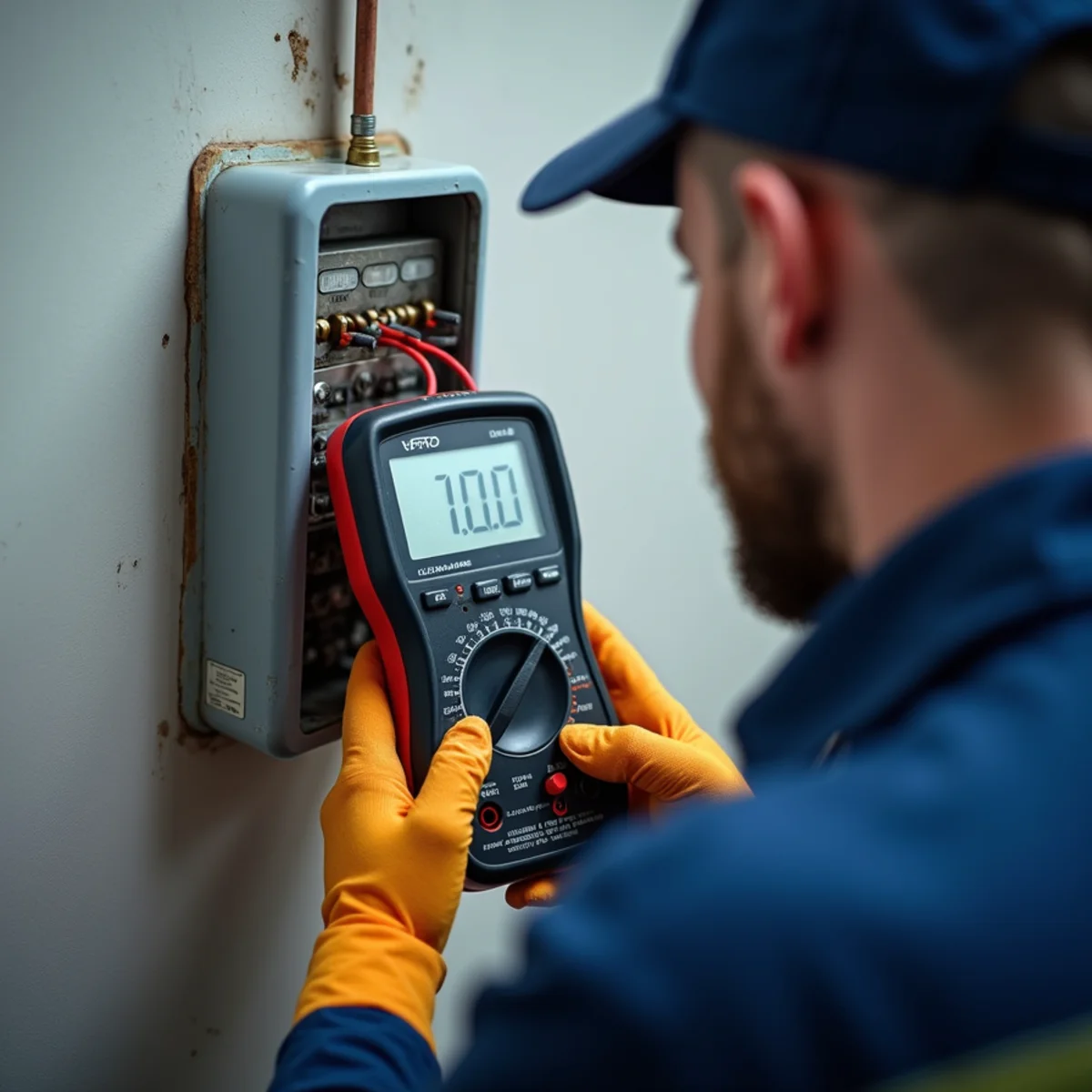 Technician retrieving universal run capacitor from organized mobile parts inventory