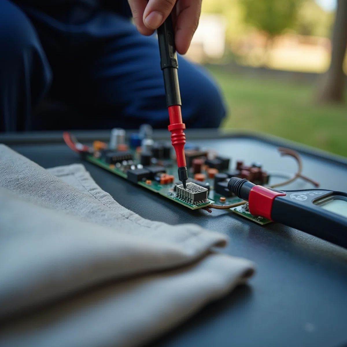 Technician testing outdoor electronic defrost control board and reversing valve sensor