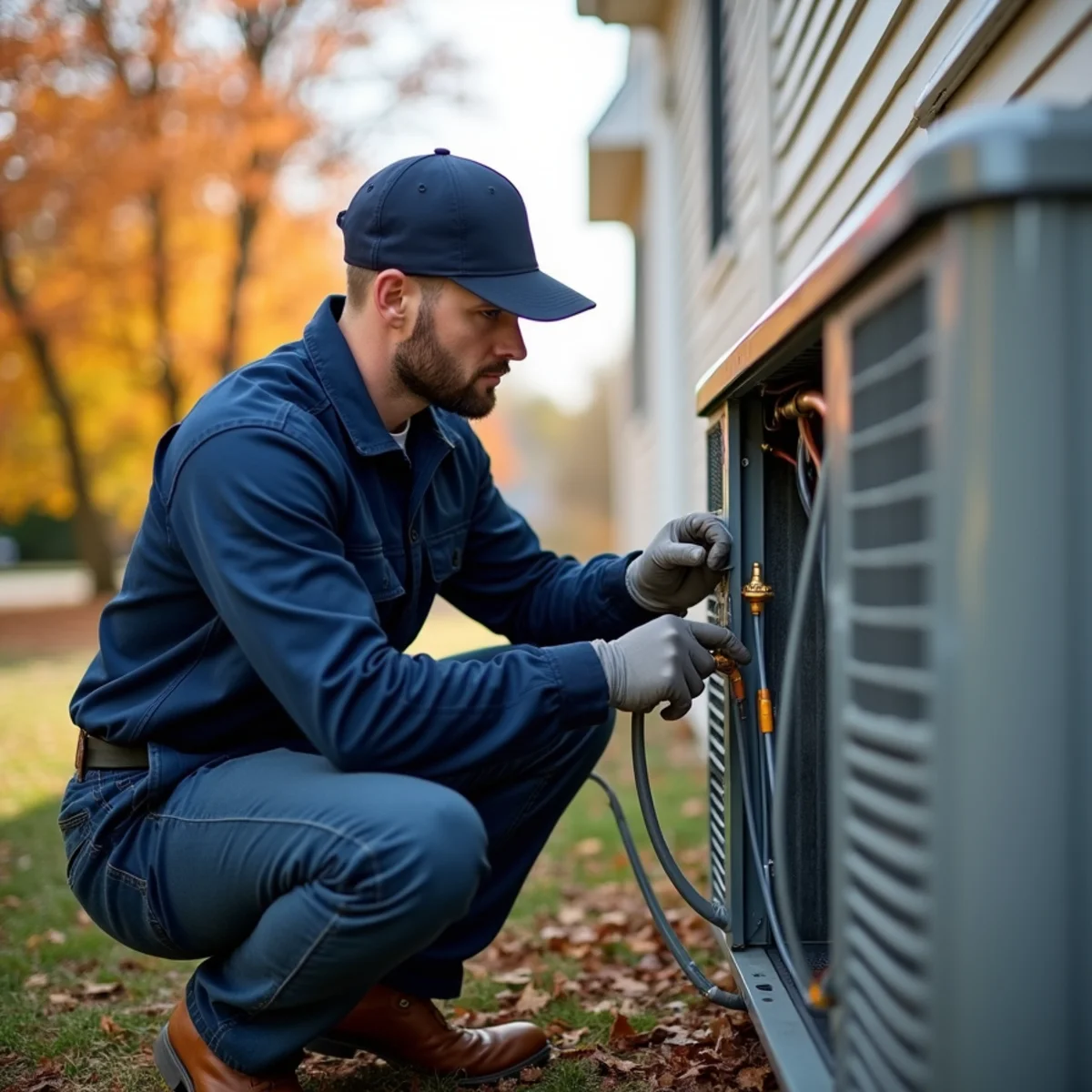 Technician servicing a dual-fuel heat pump system during cold weather in Virginia