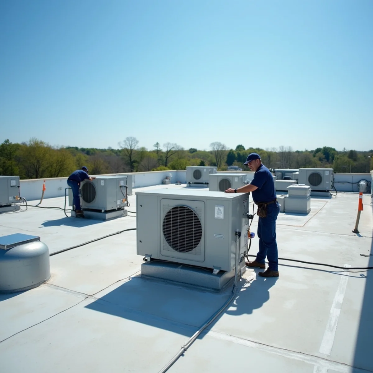 Technician inspecting blower belt tension and electrical disconnect on commercial rooftop unit