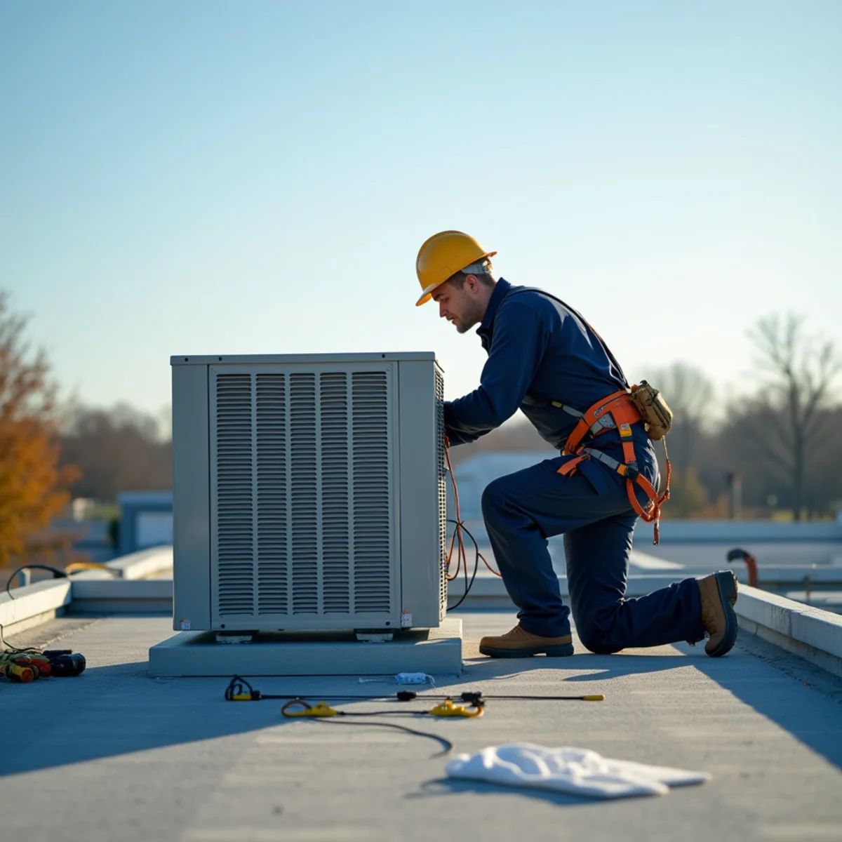 Commercial packaged rooftop HVAC units on a retail commercial building