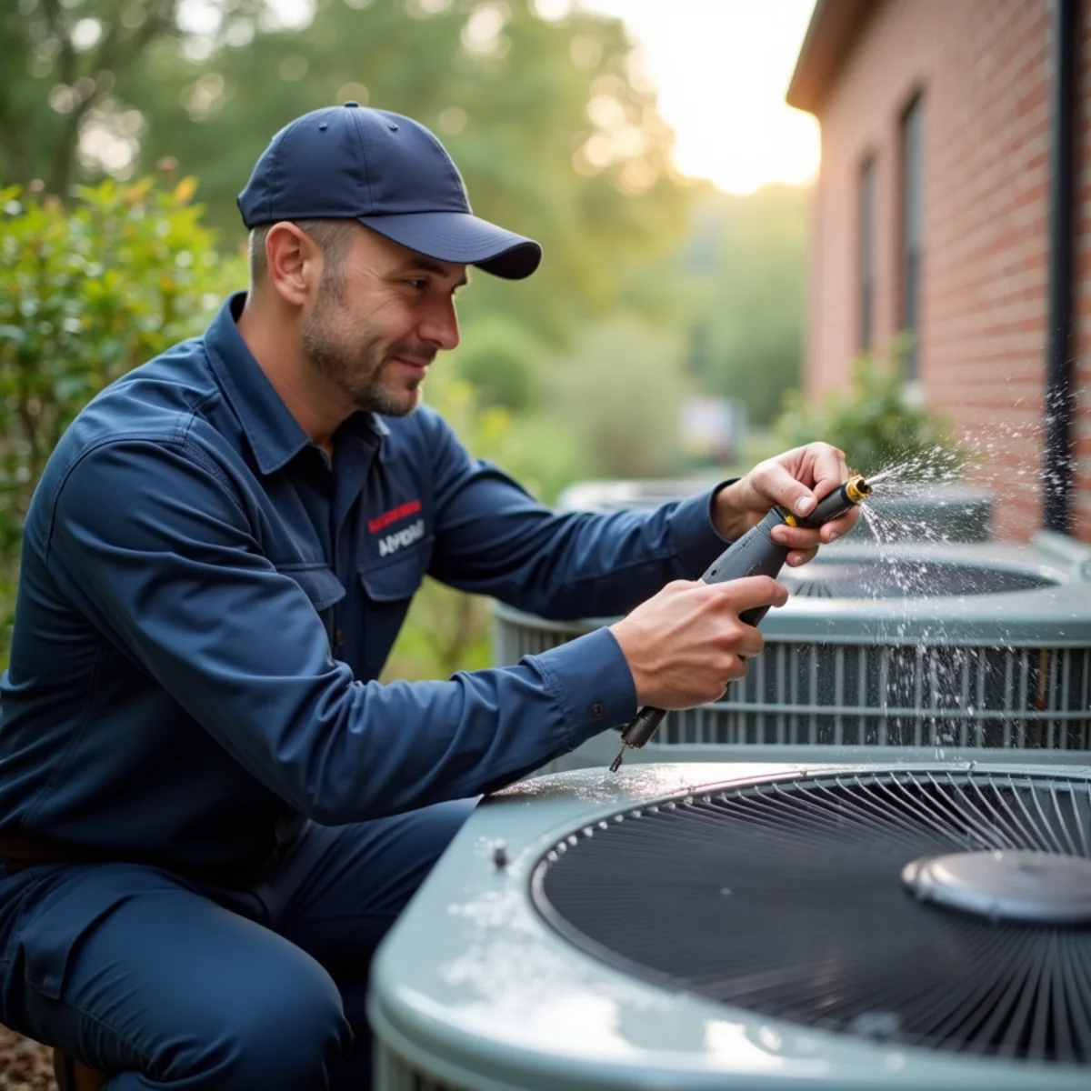 Technician thoroughly cleaning aluminum condenser fins with specialized fin comb and coil cleaner spray
